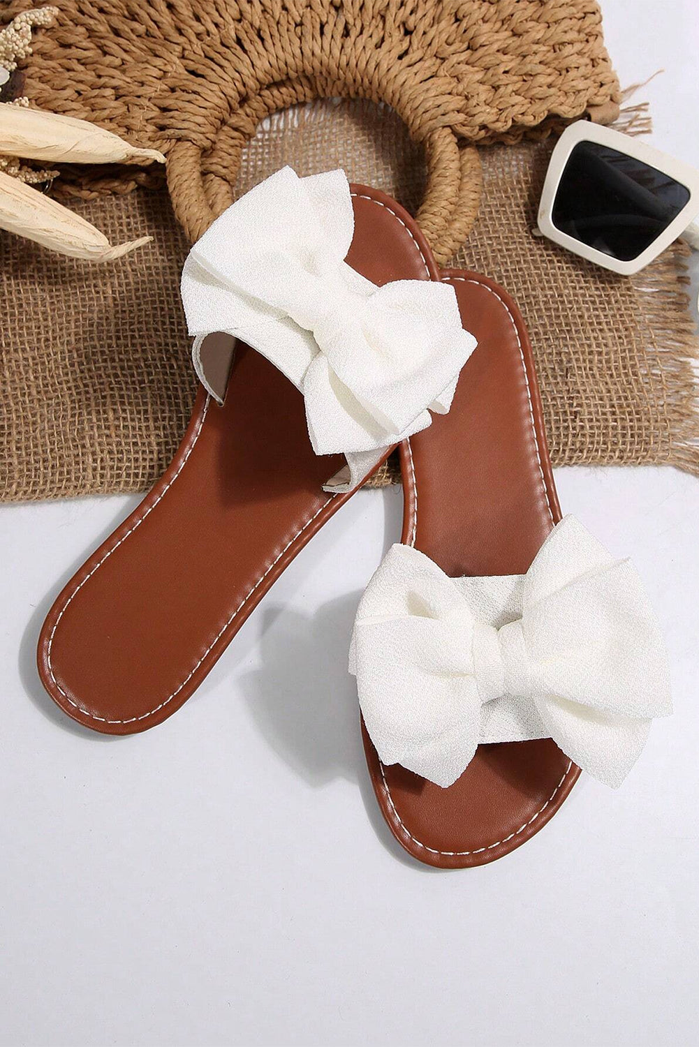 Black Bow Knot Decor PU Leather Insole Flat Slippers