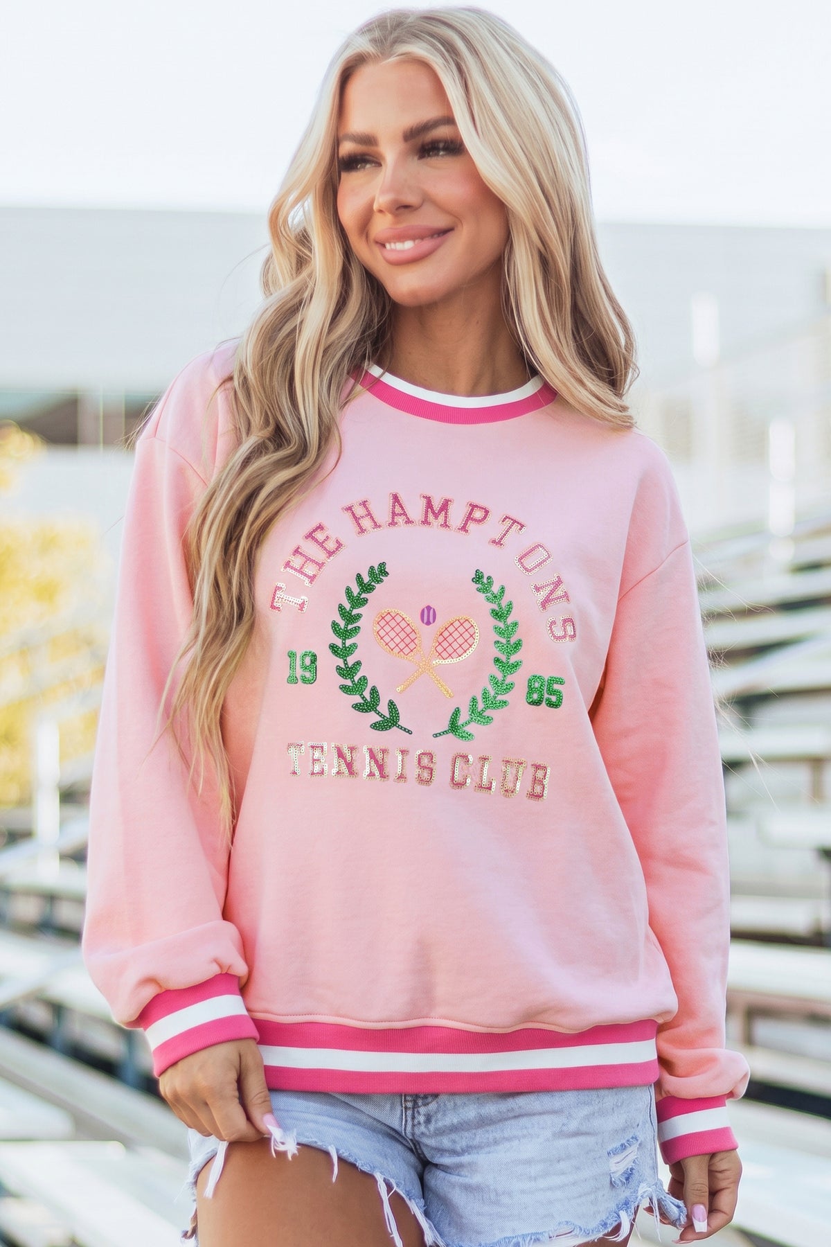 Pink Embroidered Tennis Pullover Sweatshirt
