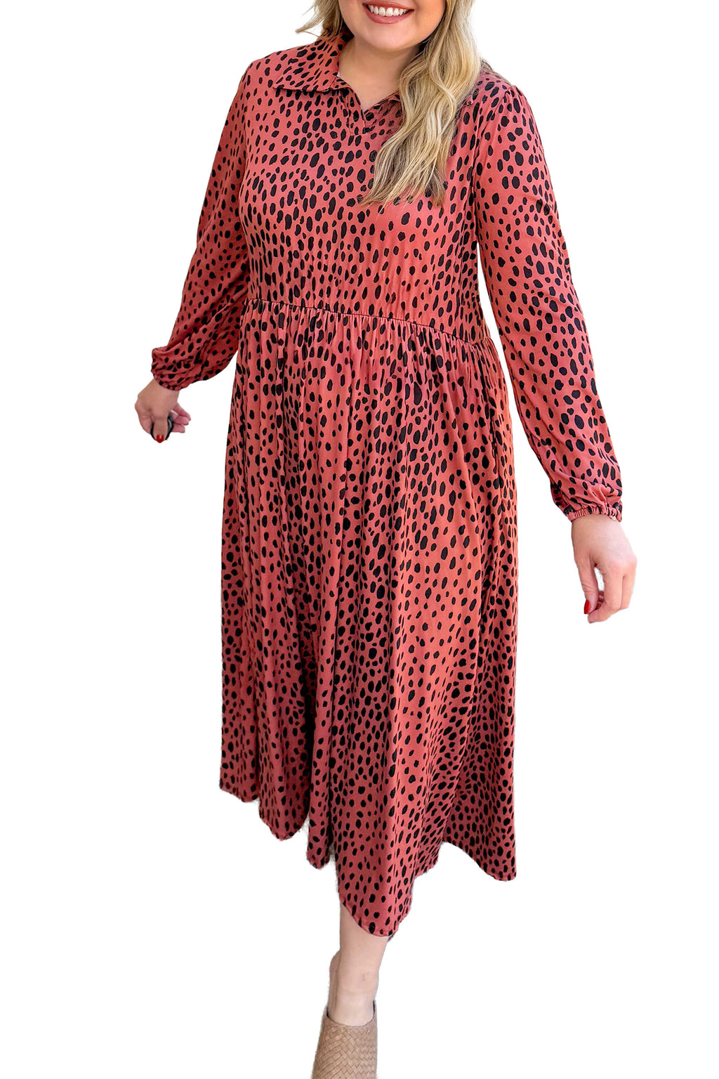 Red Leopard Print Long Sleeve V Neck Plus Size Midi Dress