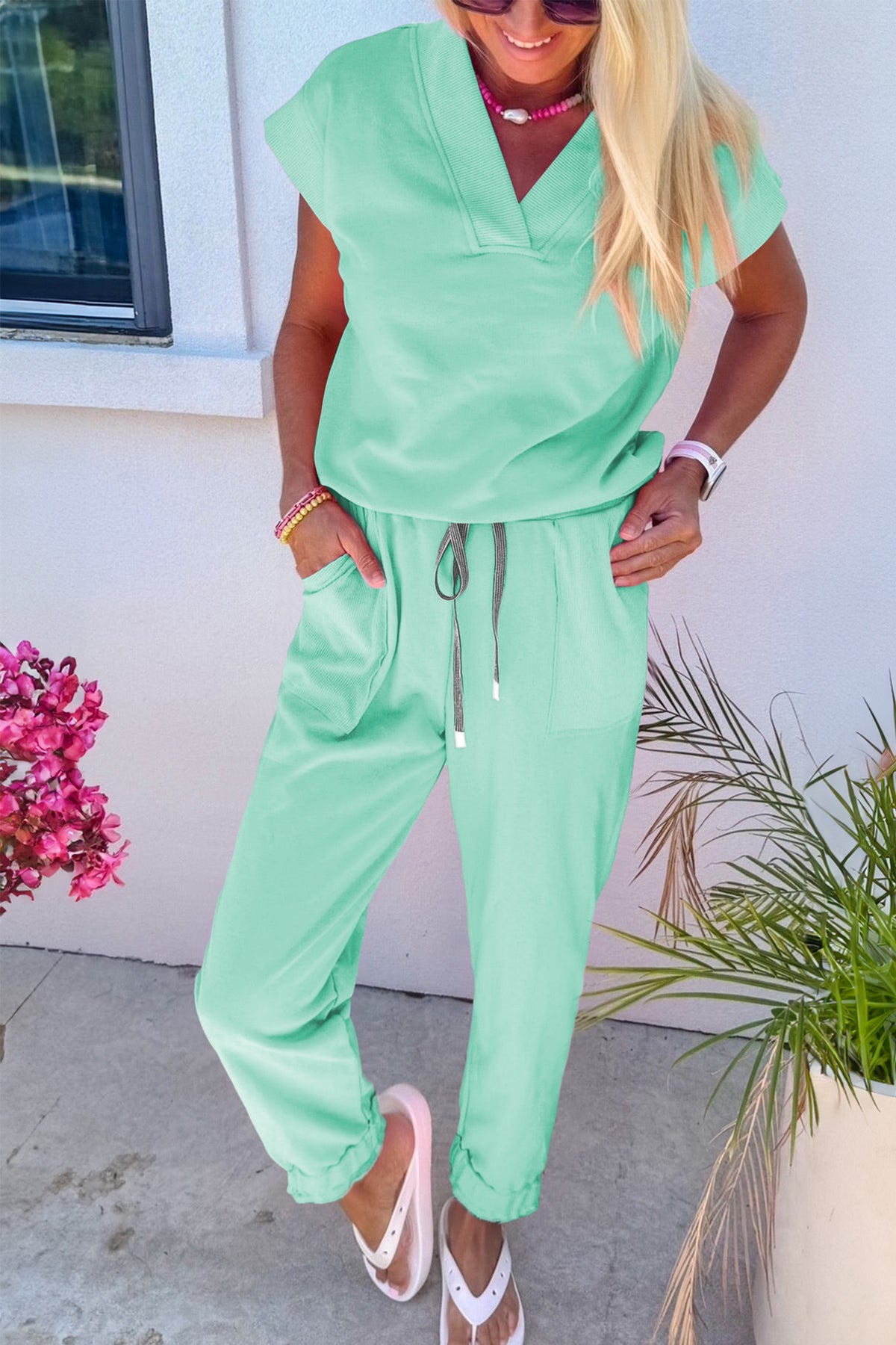 Bonbon Solid Color V Neck Tee Drawstring Pant Set