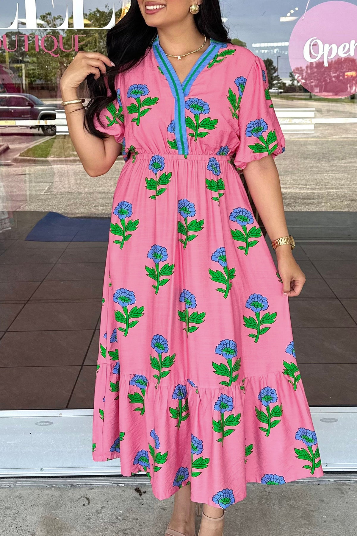 Pink Plus Size Striped V Neck Ruffled Floral Long Dress