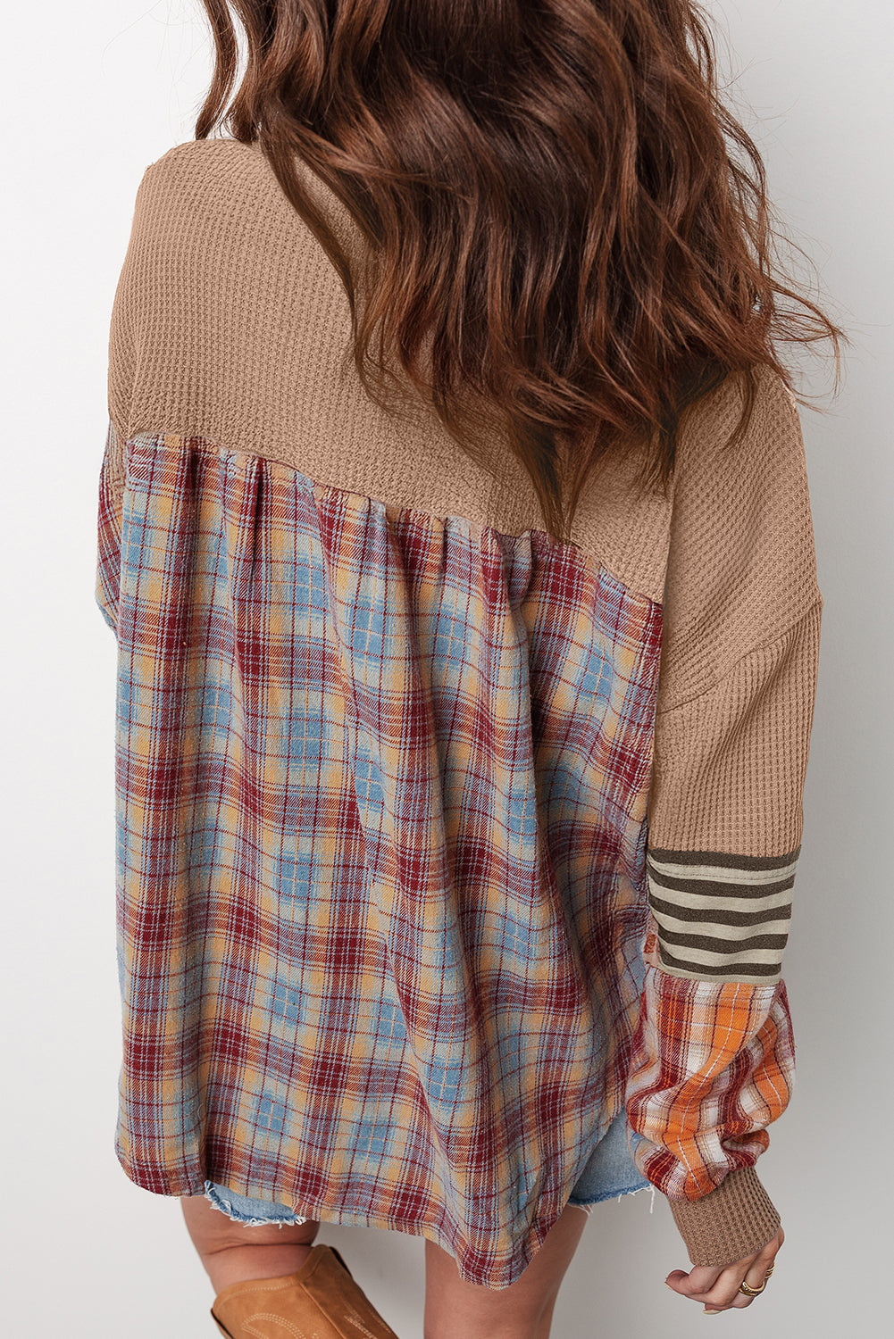 Plaid Patchwork Henley Knit Top