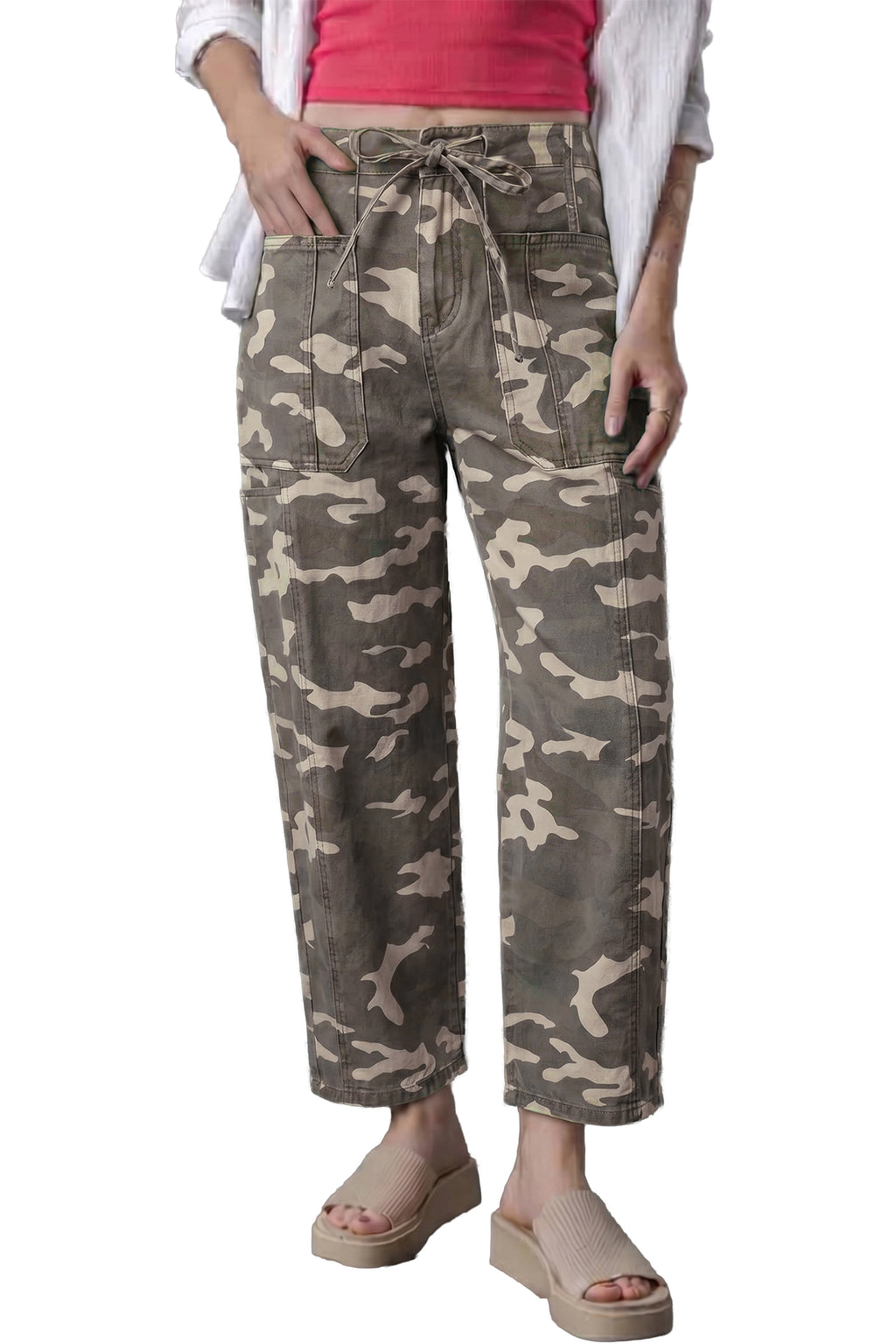 Leopard Printed Drawstring Pocketed Barrel Jeans