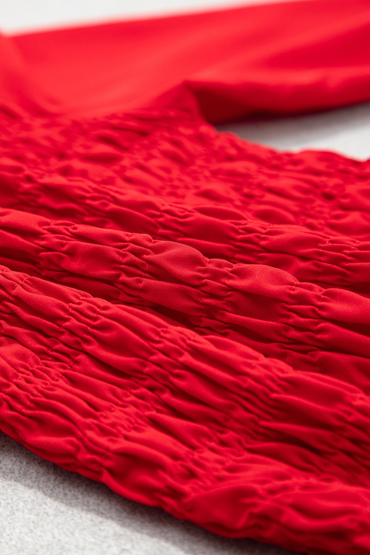 Bright Green Solid Color Smocked Ruffle Hem Long Sleeve Blouse