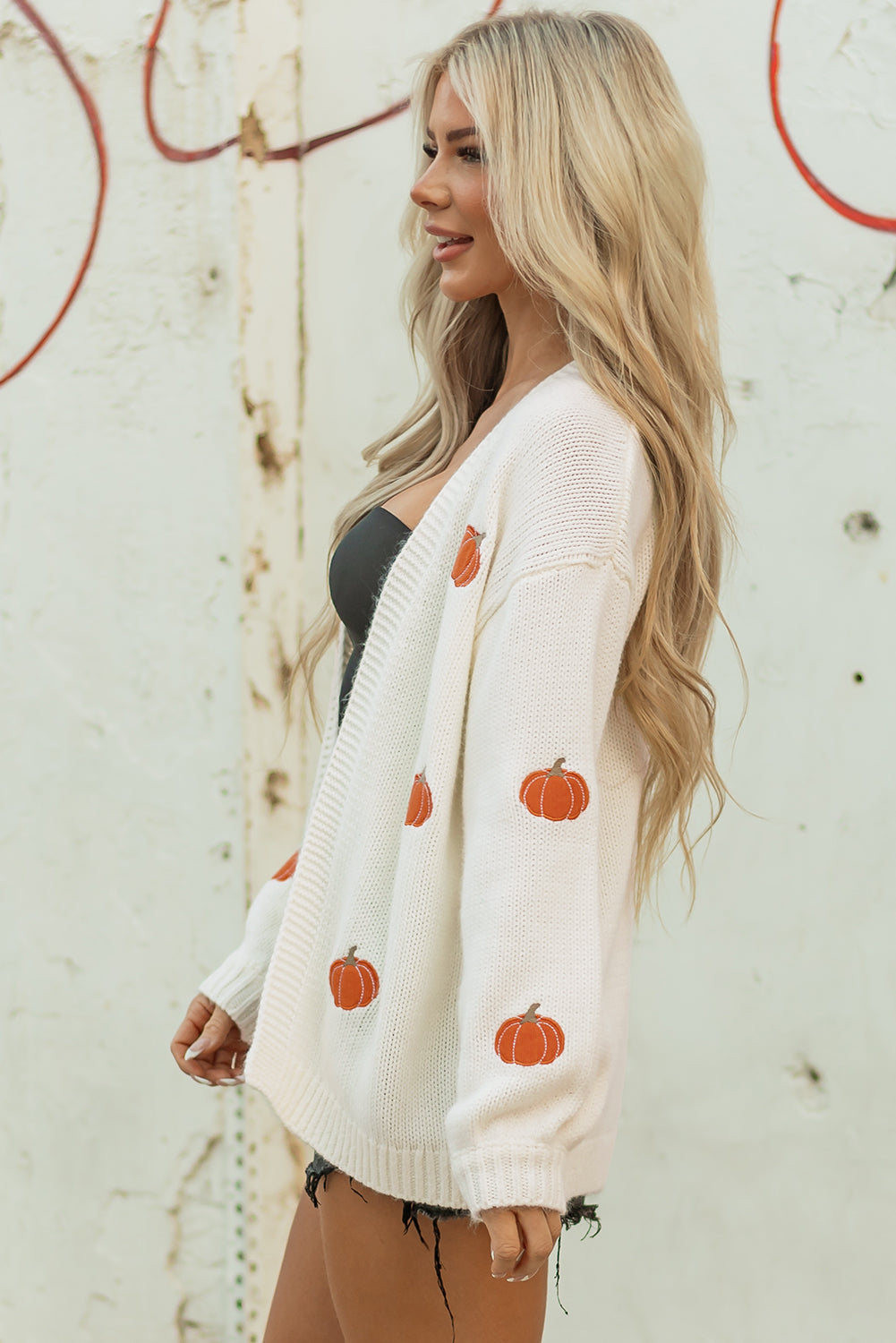 Light Pink Christmas Tree Print Open Front Drop Shoulder Midi Cardigan