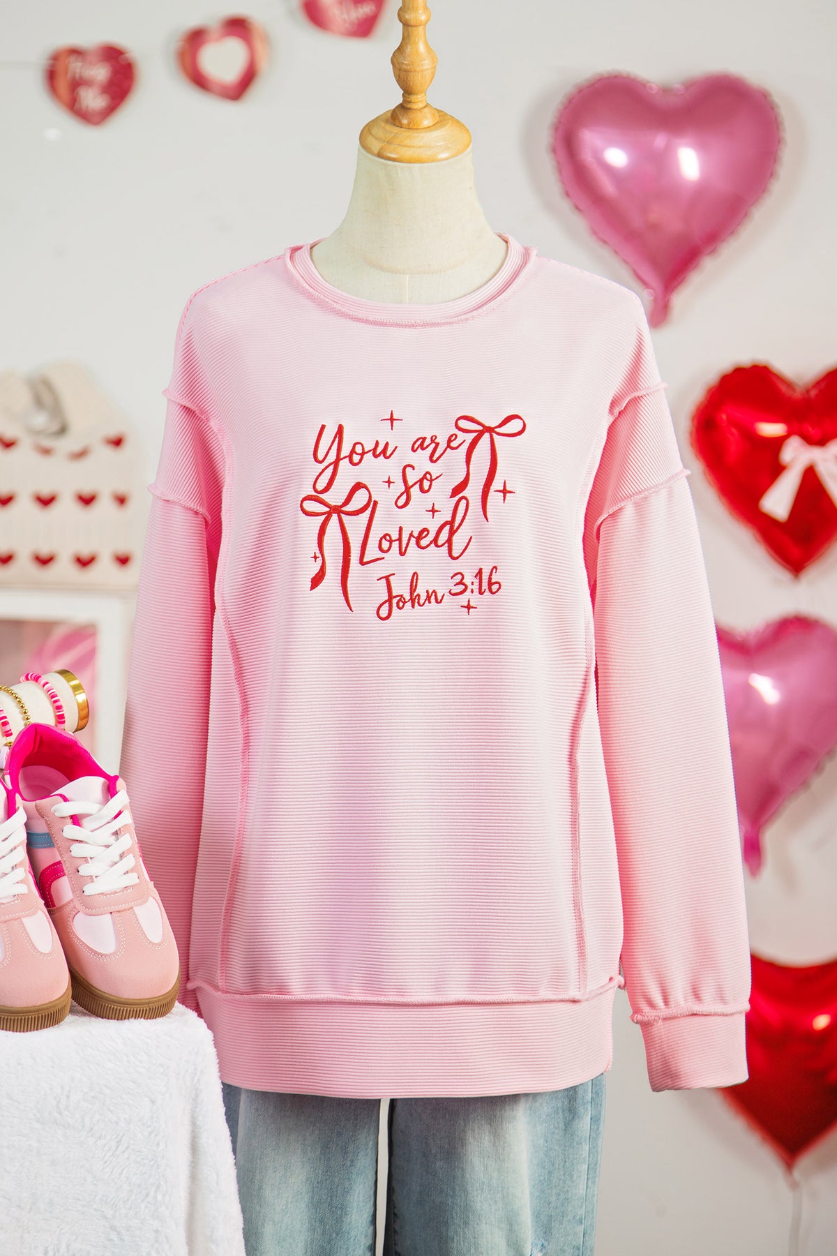 Pink you are so loved Valentines Day Embroidered Graphic Top