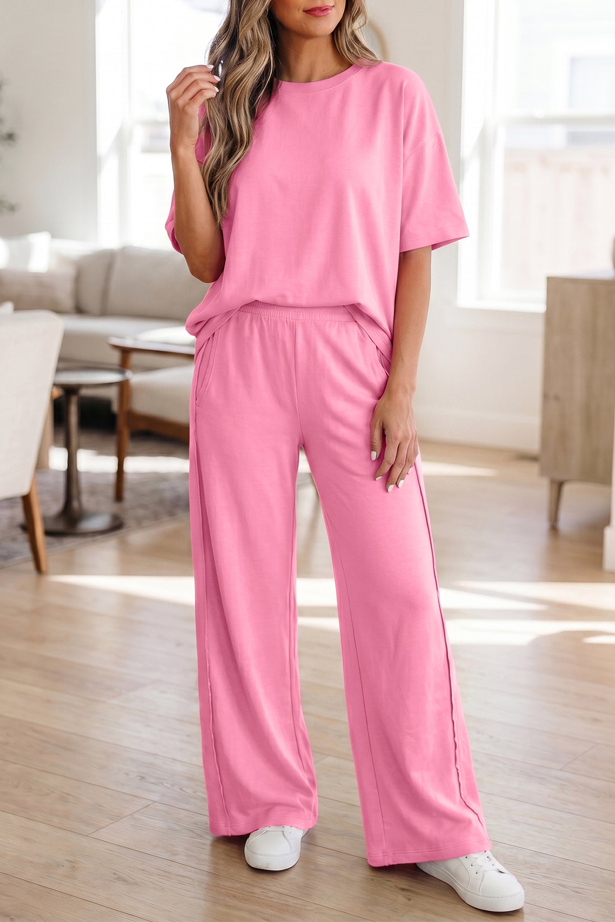 Sachet Pink Solid Pocketed Casual Pants 2pc Set
