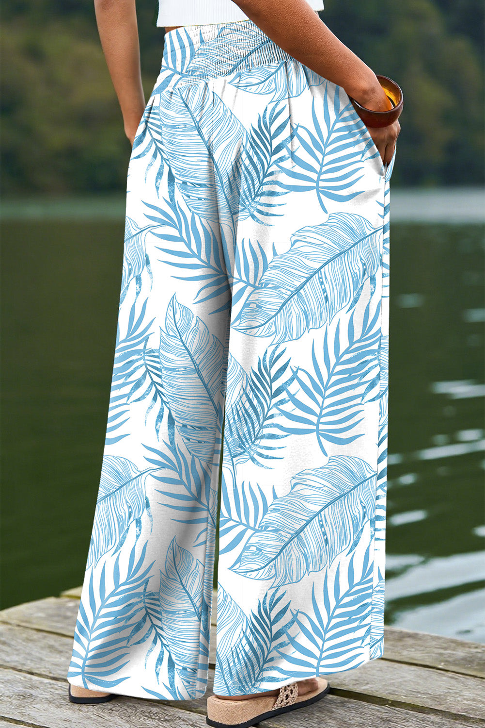Sky Blue Botanic Print Shirred Waistband Wide Leg Pants