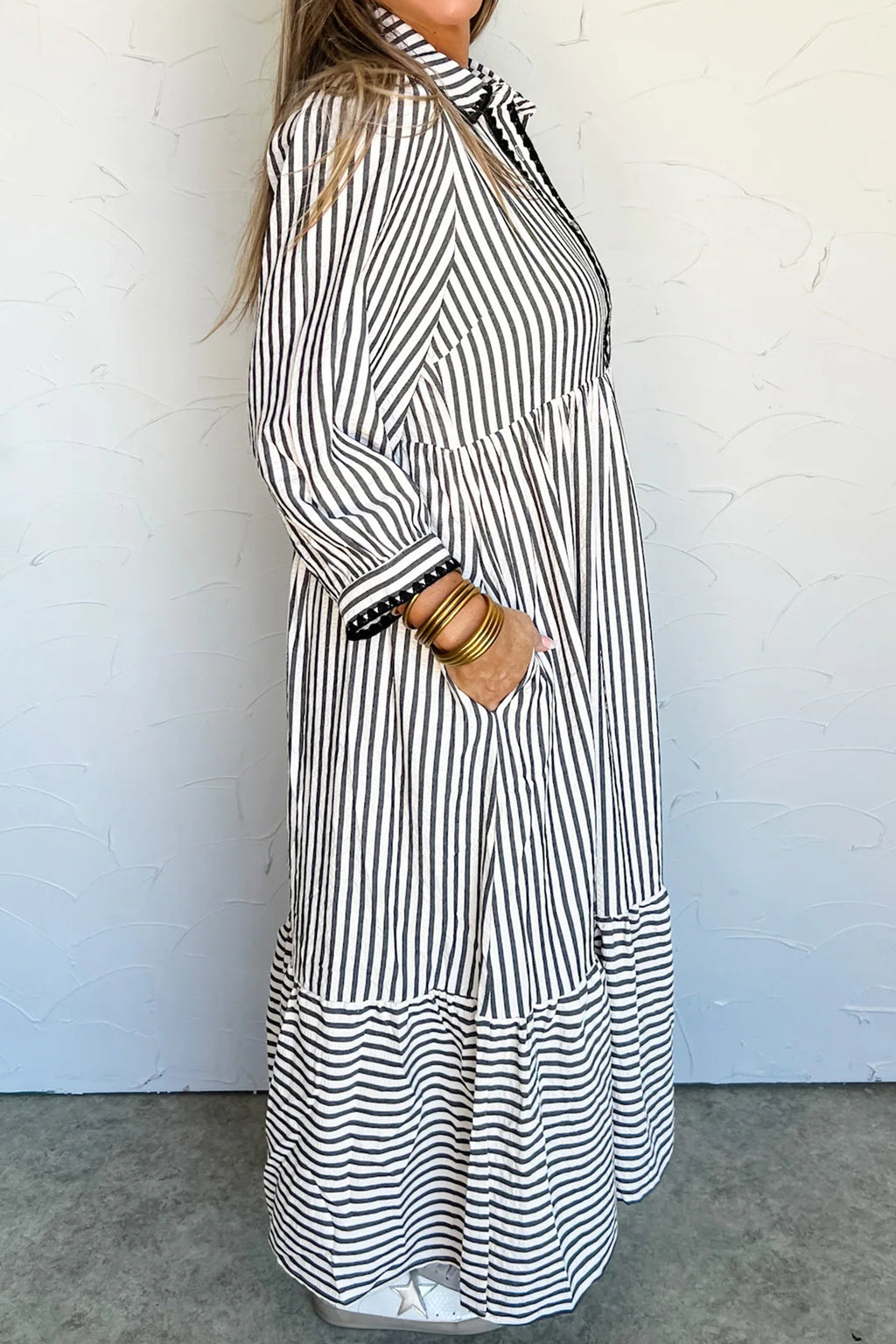 Black Stripe Scallop Trim Dress