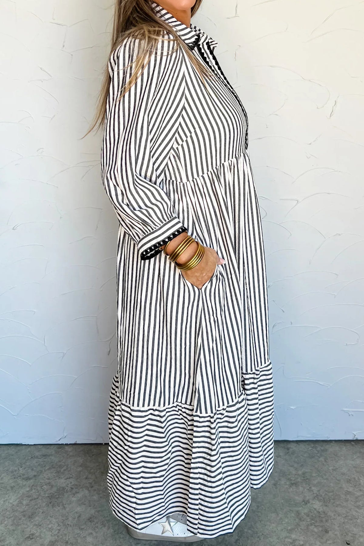 Black Stripe Scallop Trim Dress