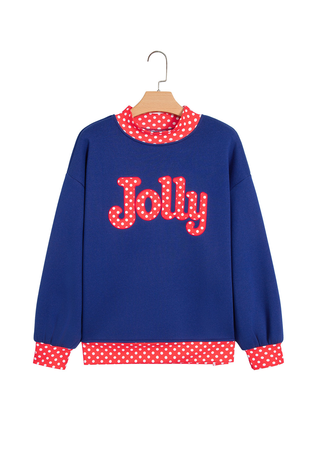 Fiery Red Polka Dot Letter Print Contrast Trim Mock Neck Sweatshirt