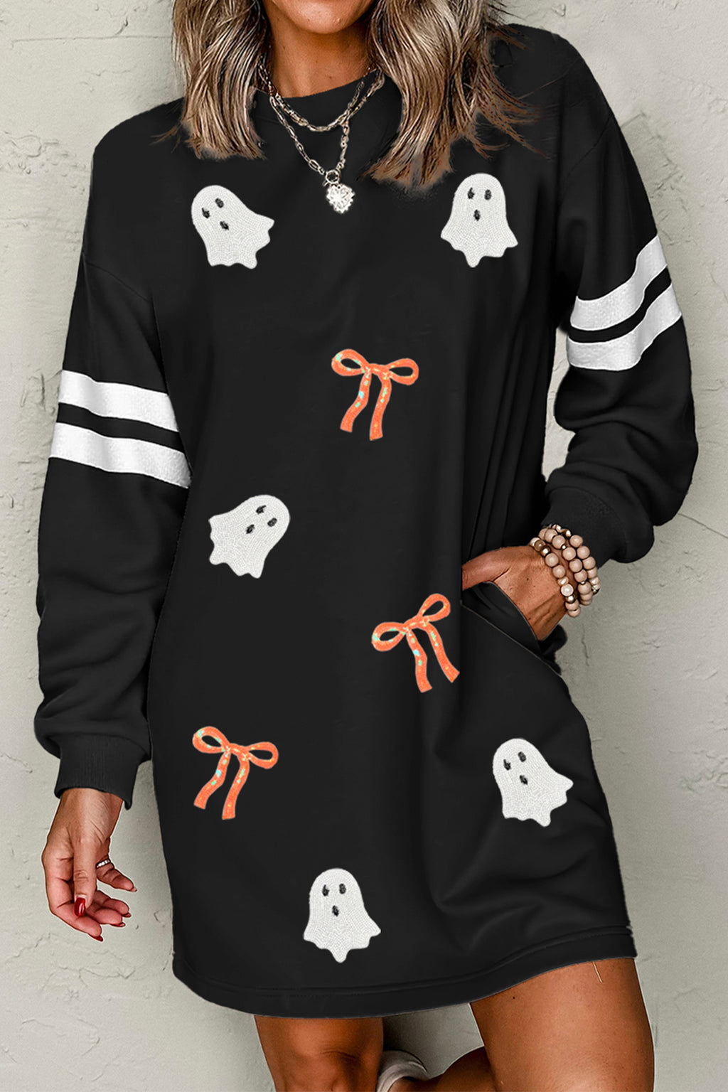 Black Sequin Ghost Halloween Sweatshirt Dress