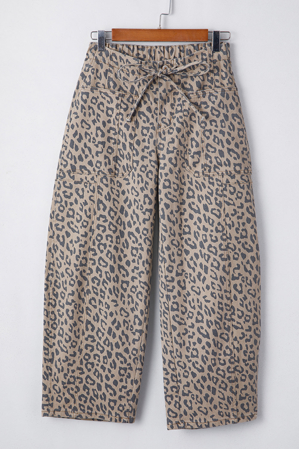 Leopard Printed Drawstring Pocketed Barrel Jeans