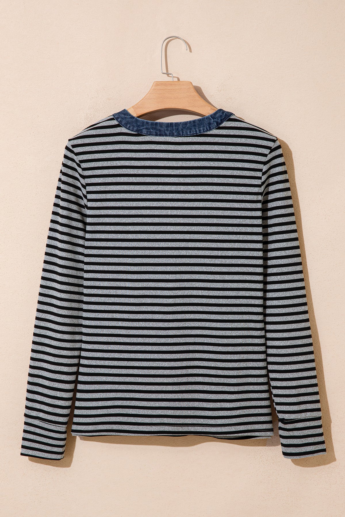 Gray Stripe Denim Contrast Collar Half Button Long Sleeve Top