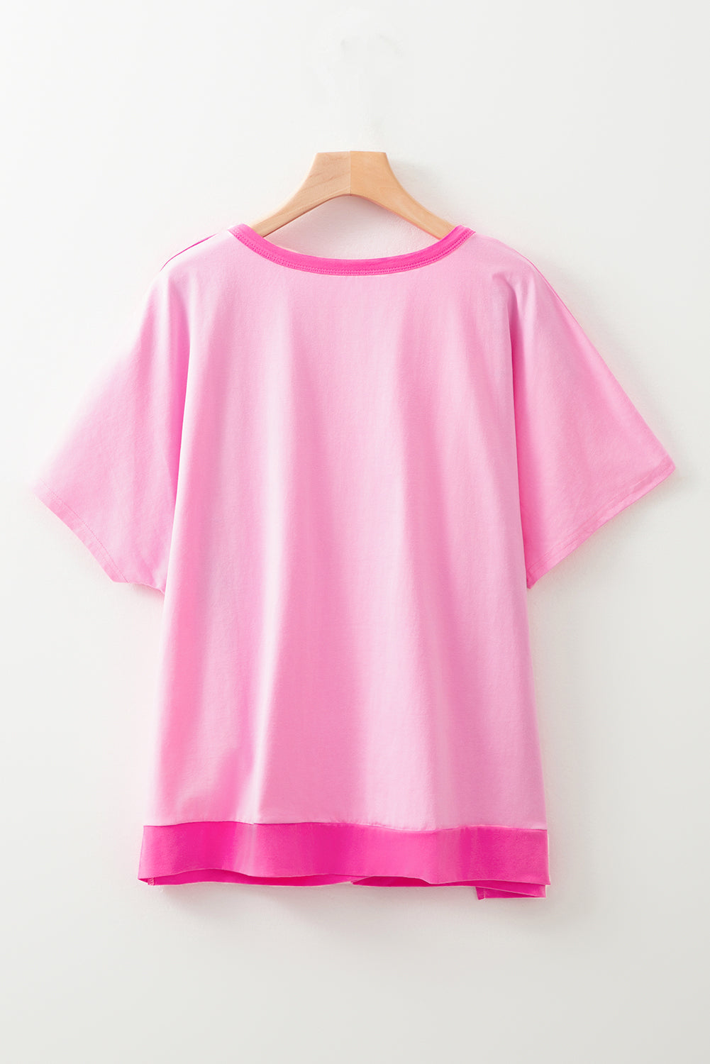 Bright Pink Colorblock Patchwork Plus Size Henley Top