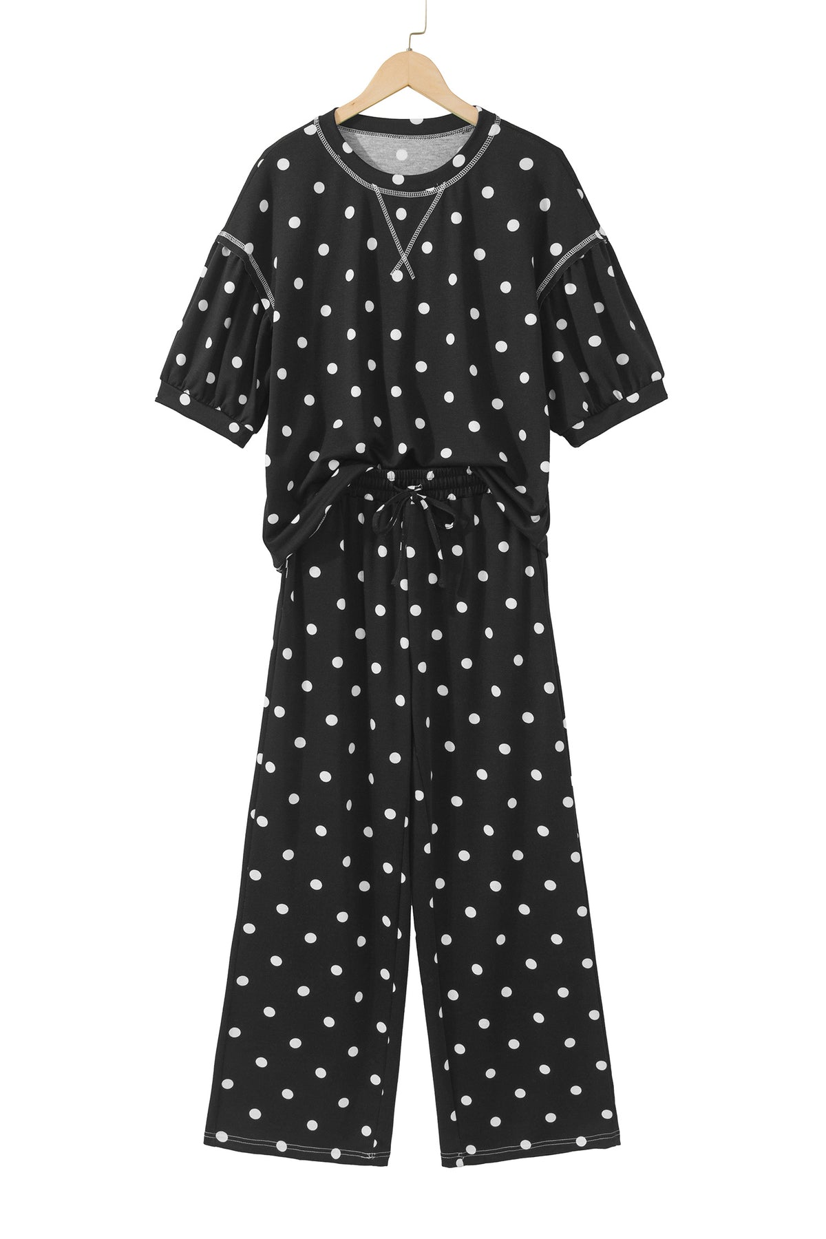 Black Polka Dot Half Sleeve Loose Top Elastic Waist Casual Pants Set