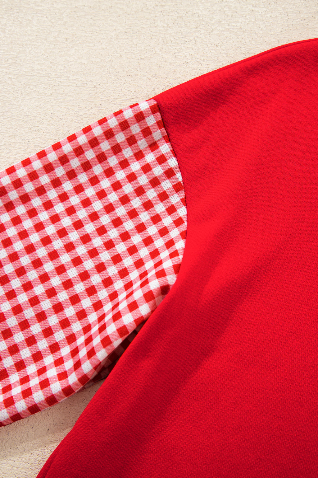 Red Plaid Patchwork Long Sleeve Top Solid Drawstring Shorts Set