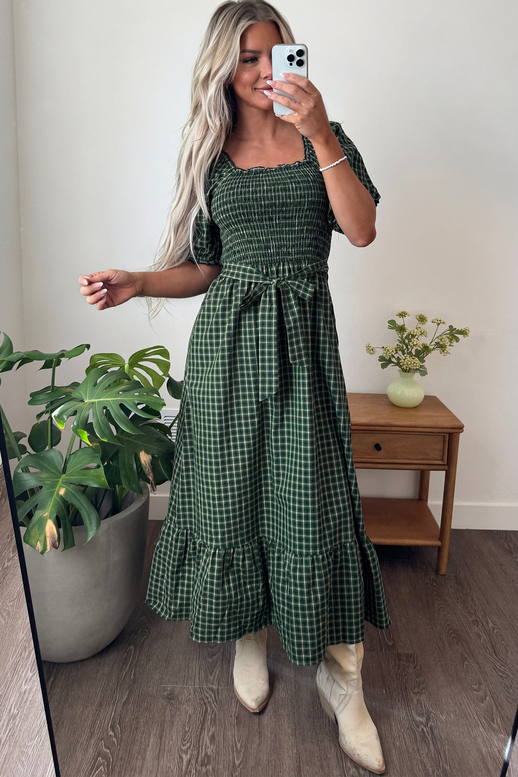 Green Plaid Square Neck Shirred High Waist Ruffle Hem Dress
