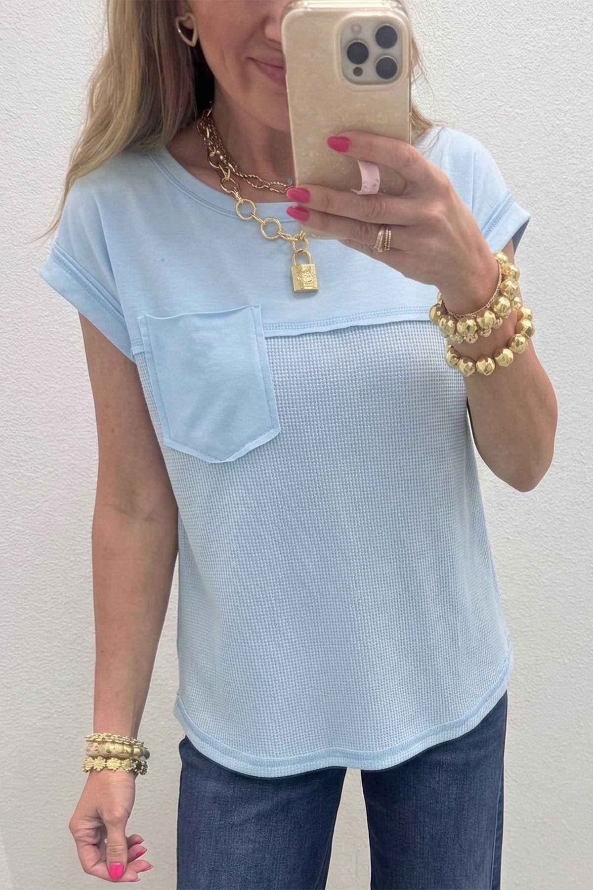 Pink Solid Patchwork Casual T Shirt