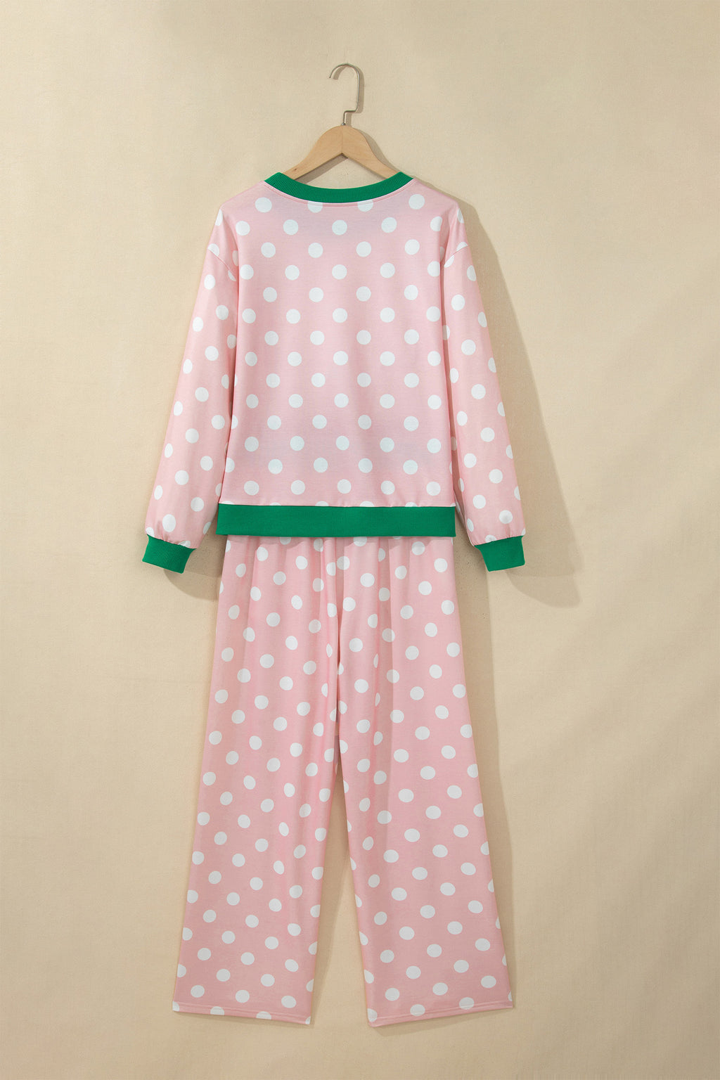 Khaki Polka Dot Contrast Trim Long Sleeve Top Drawstring Shift Pants Set