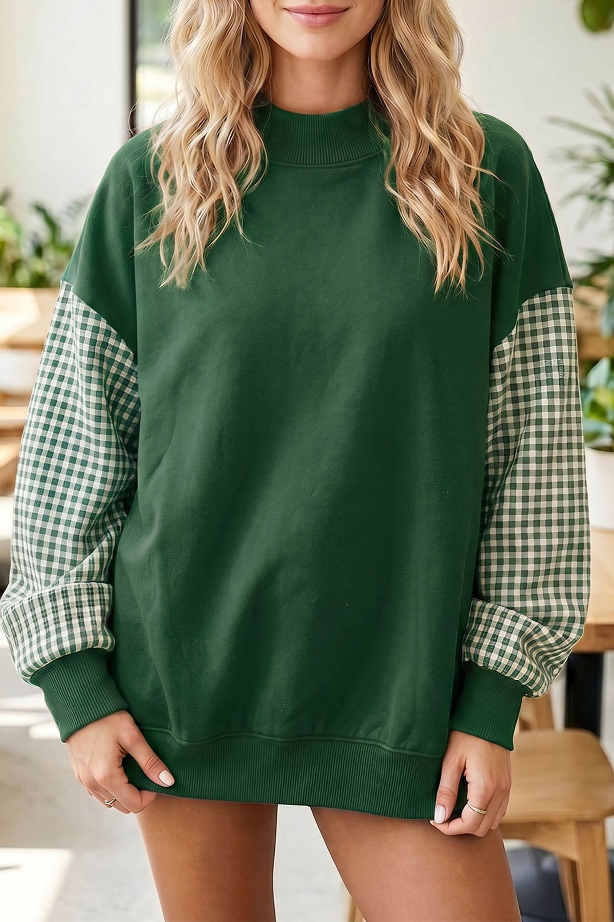 Russet Orange Plaid Sleeve Colorblock Loose Tunic Sweatshirt
