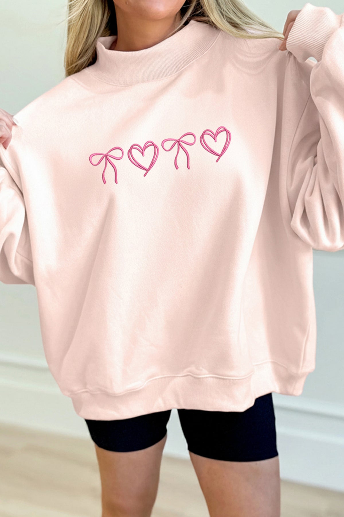 Apricot Pink Valentines Bow Heart Embroidered Sweatshirt