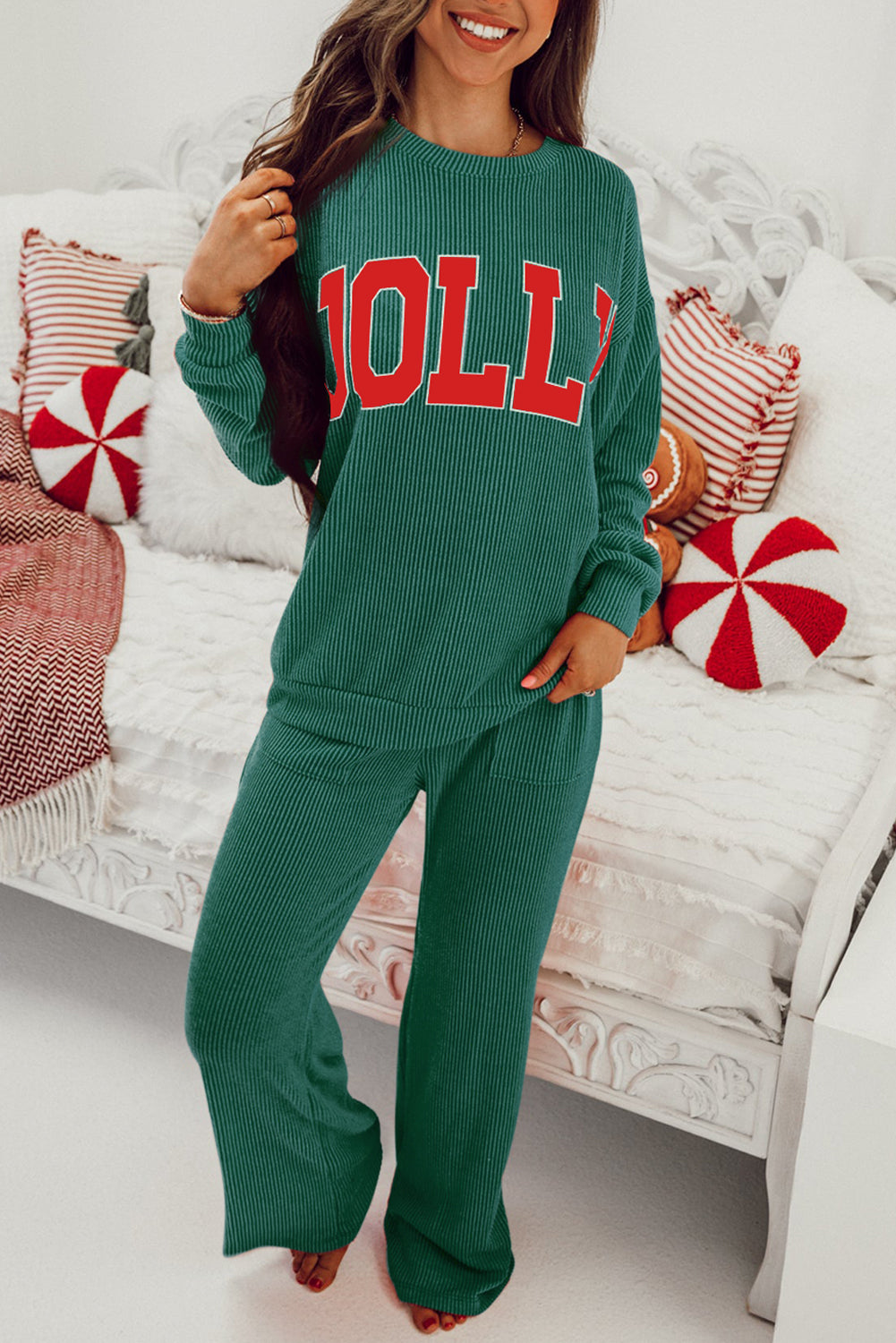 Green JOLLY Long Sleeve Top and Pockets Pants Set