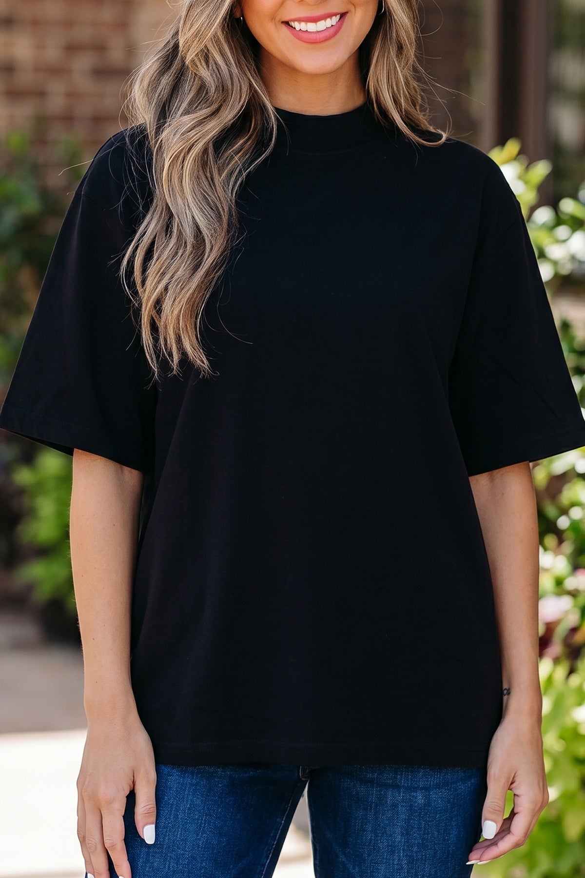 Pink Solid Color High Neck Oversize Tee