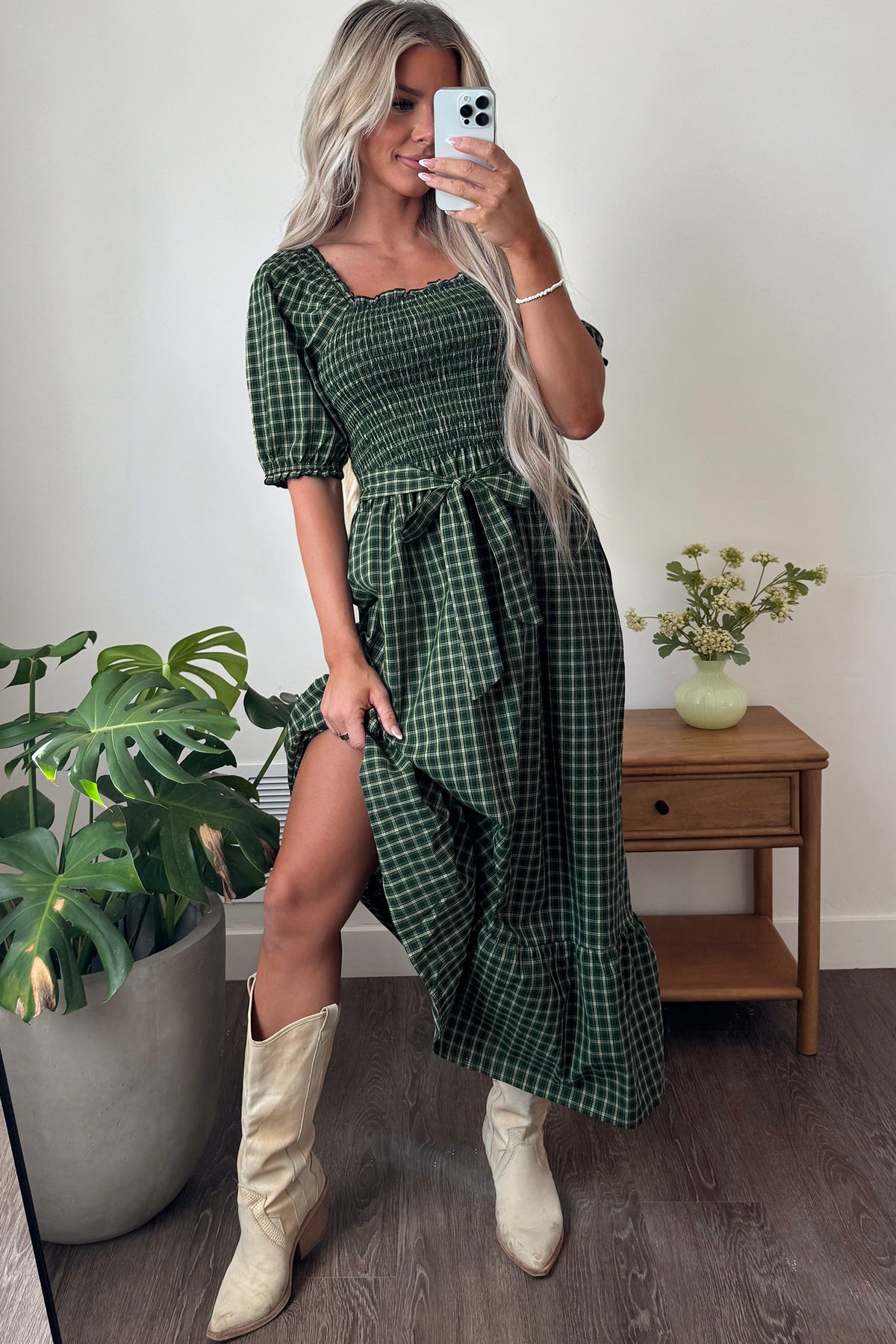 Green Plaid Square Neck Shirred High Waist Ruffle Hem Dress