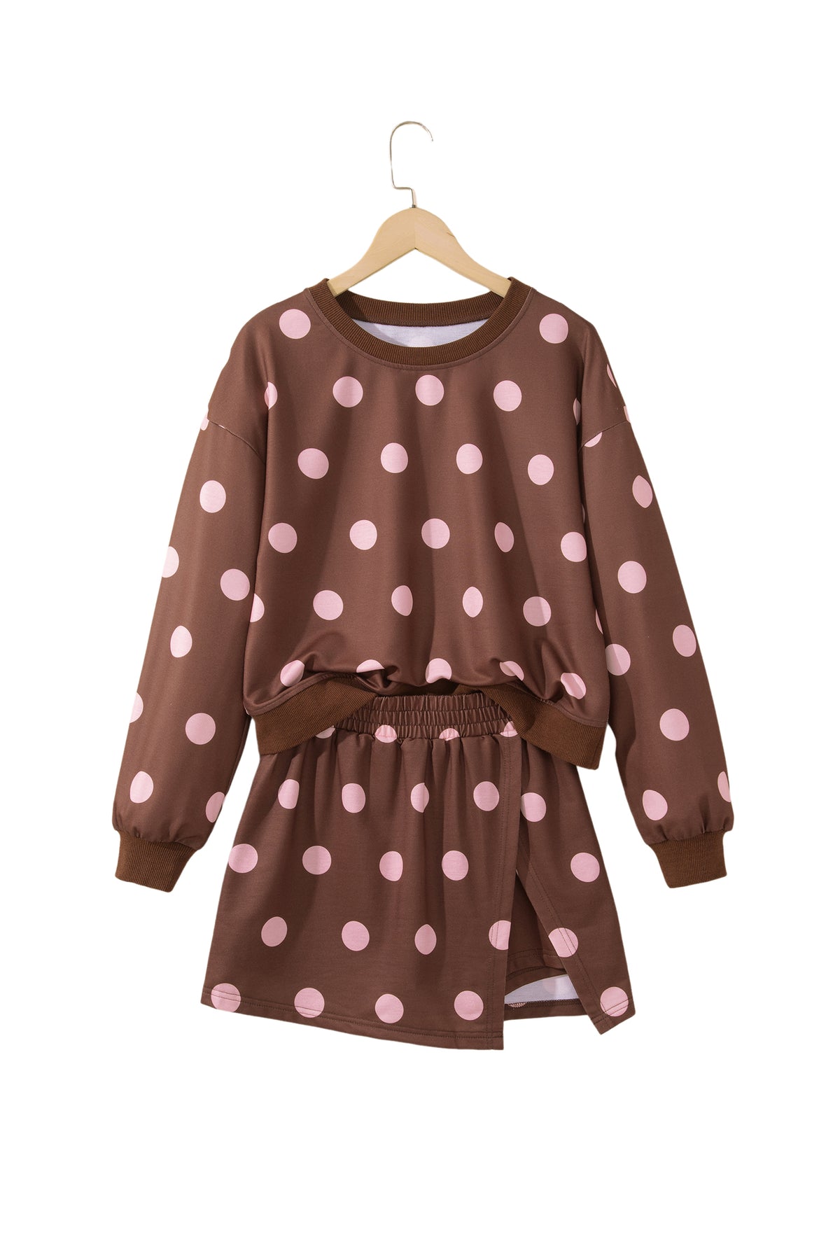 Pink Polka Dot Two Piece Set Long Sleeve Casual Skirt Set