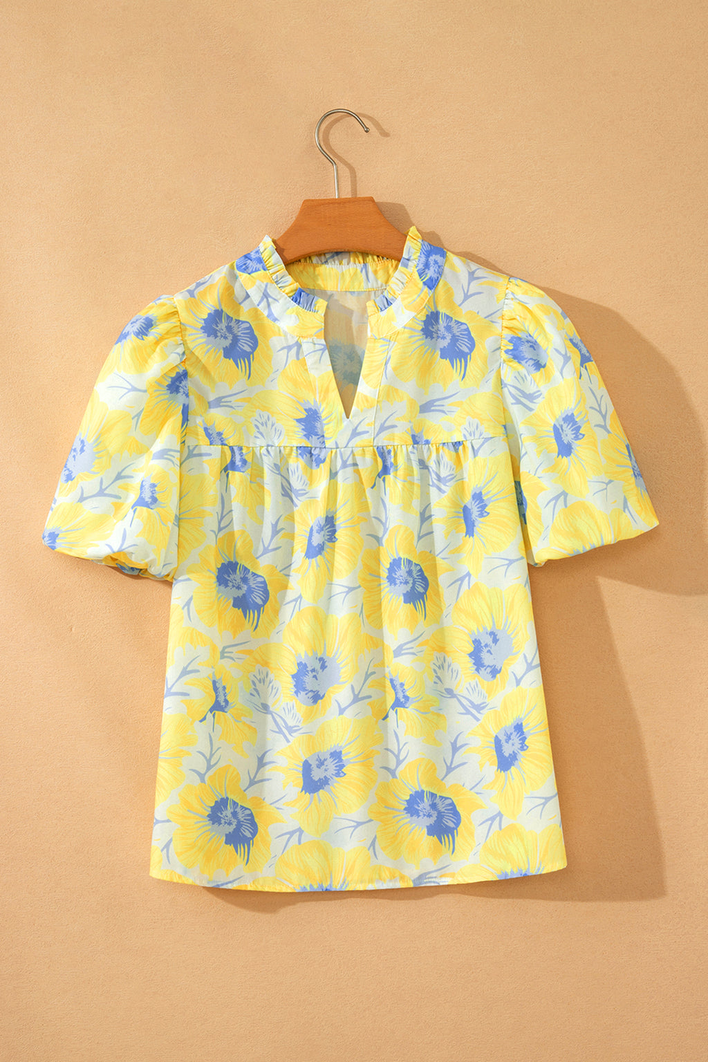 Pink Short Bubble Sleeve Summer Floral Blouse
