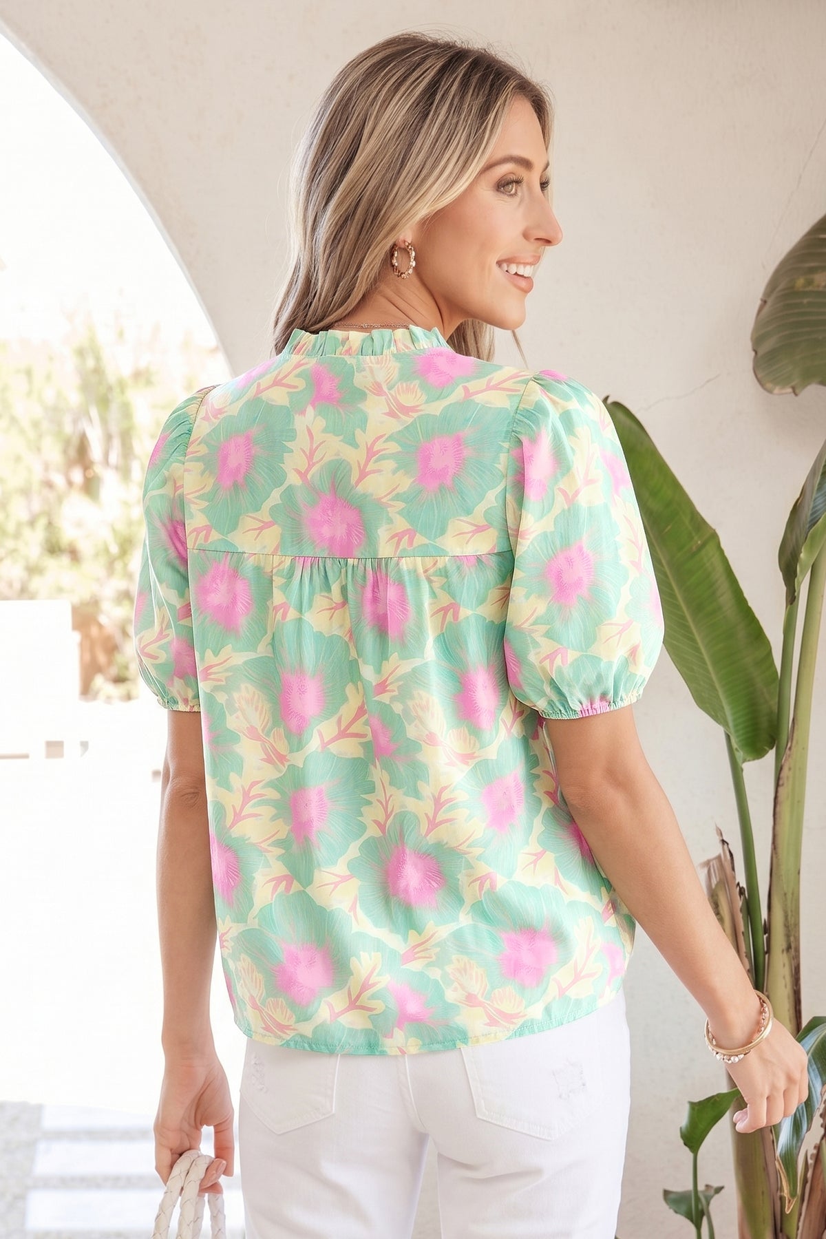 Pink Short Bubble Sleeve Summer Floral Blouse