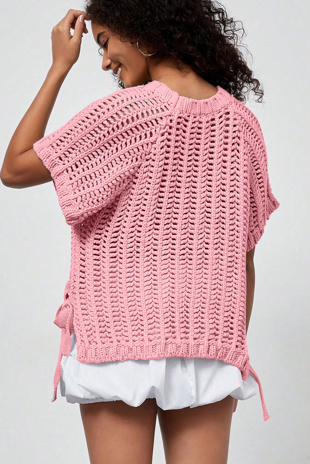 White Plus Size Open Knit Bow Tie Short Sleeve Sweater