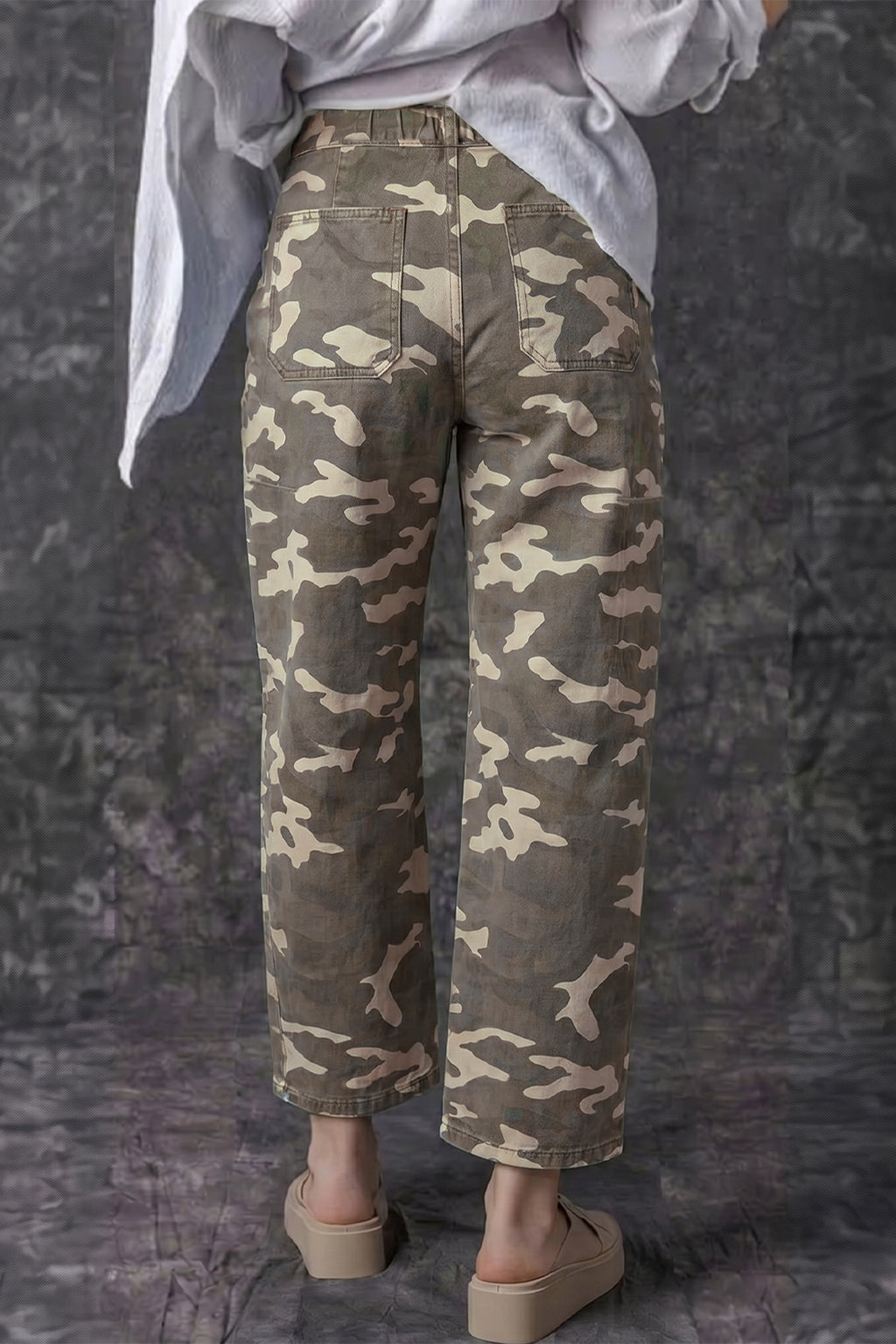 Leopard Printed Drawstring Pocketed Barrel Jeans