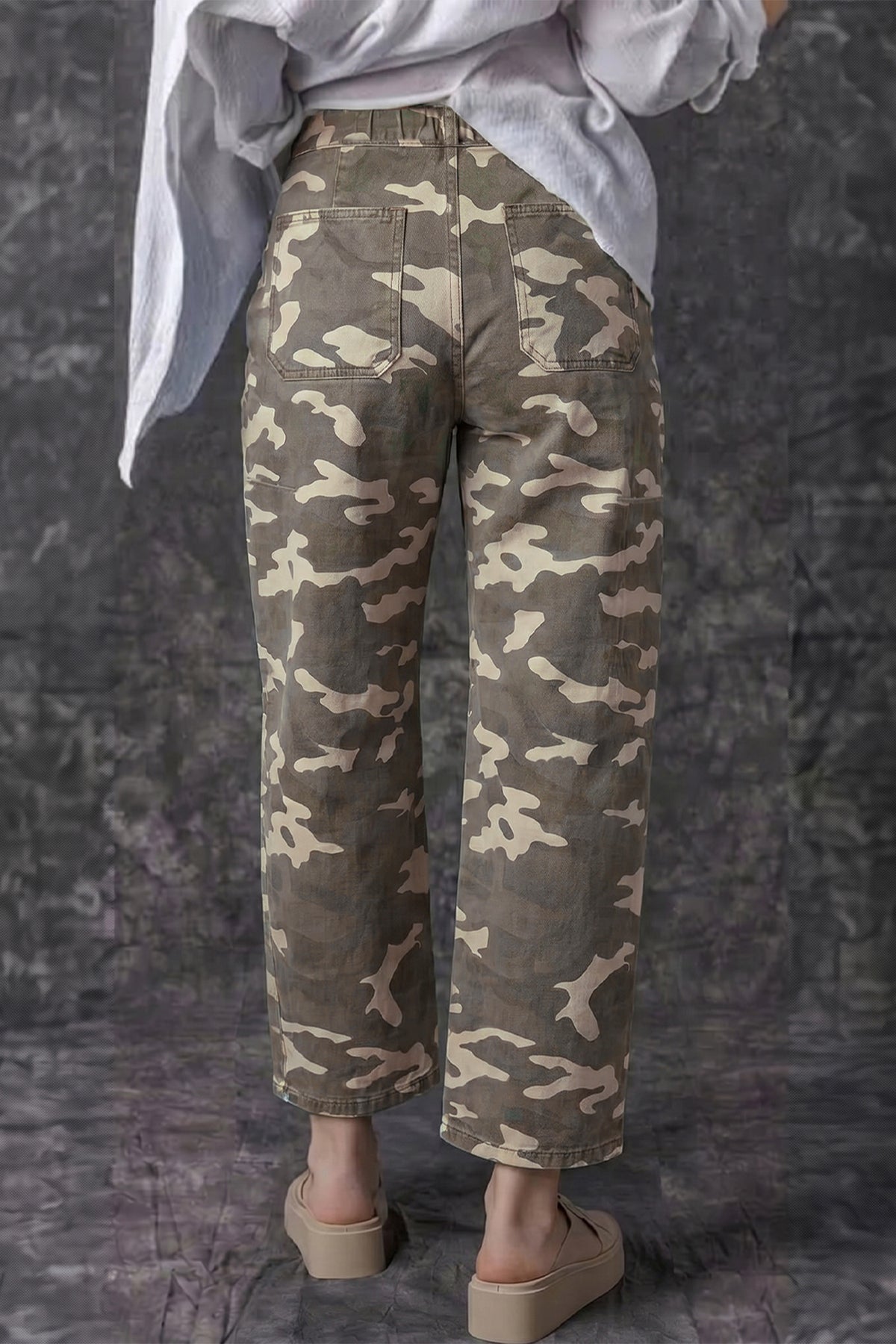Leopard Printed Drawstring Pocketed Barrel Jeans