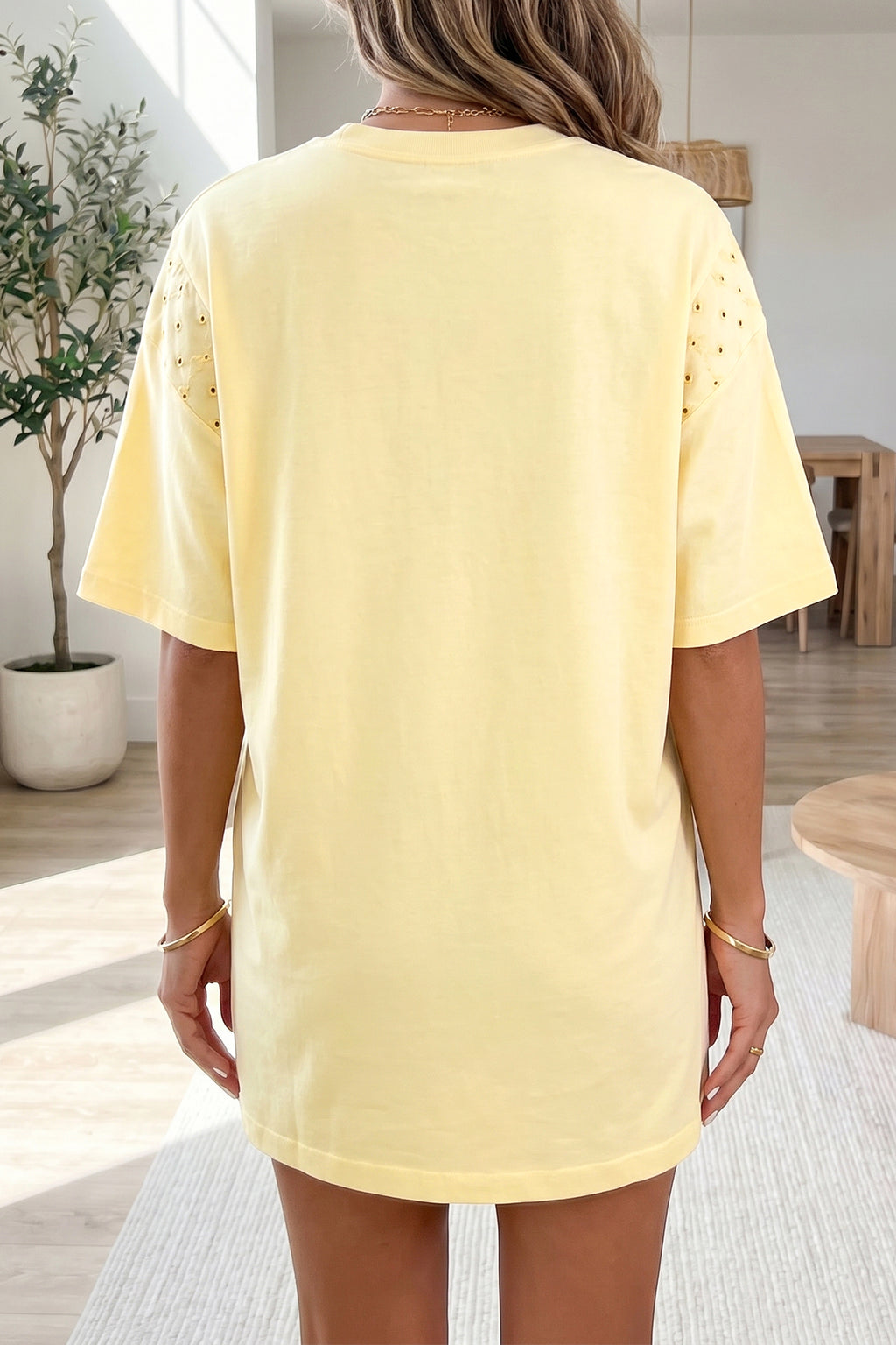 Yellow Cream Eyelet Embroidered Loose T Shirt Dress