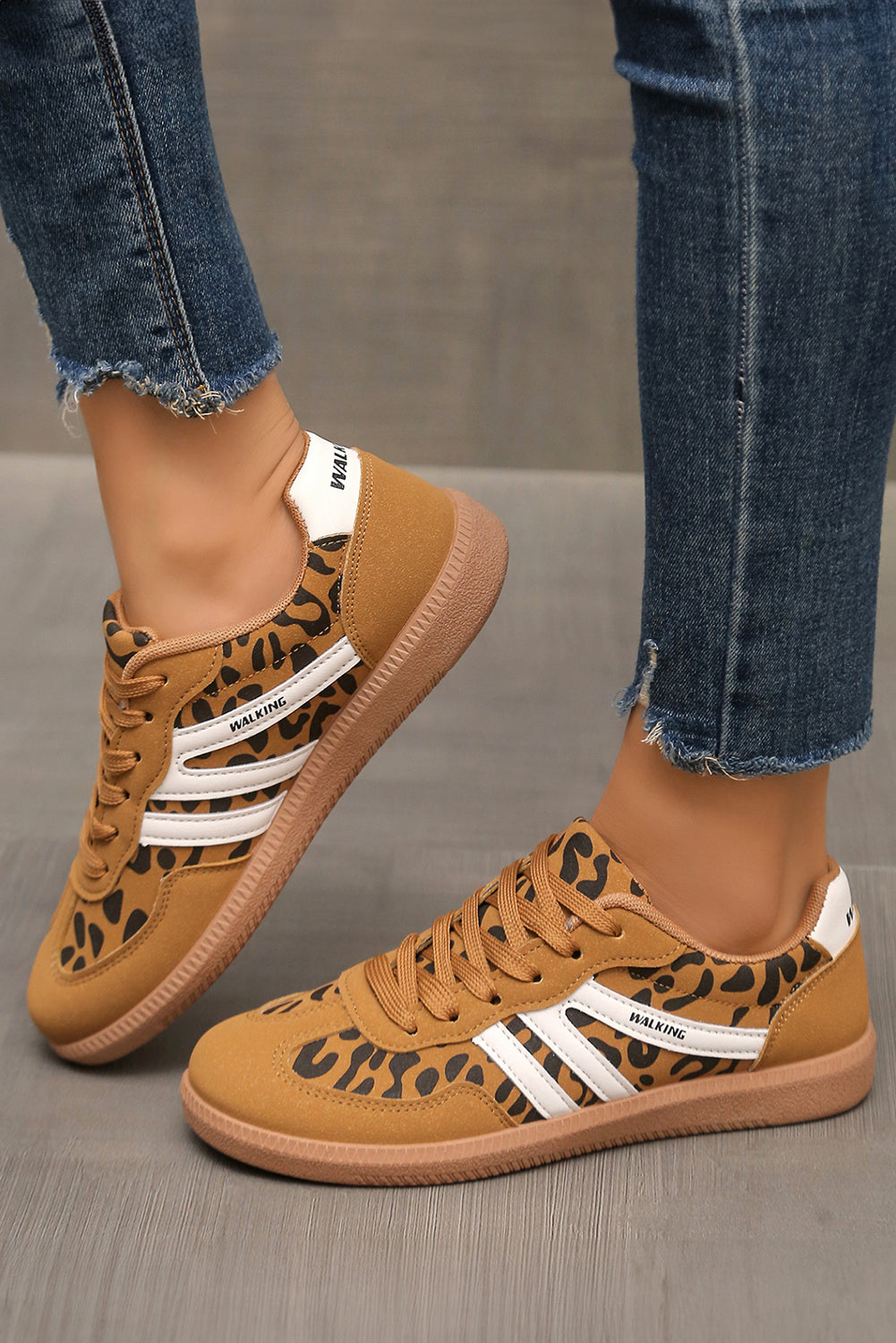 Thai Curry PU Leather Leopard Patchwork Contrast Detail Lace-up Shoes