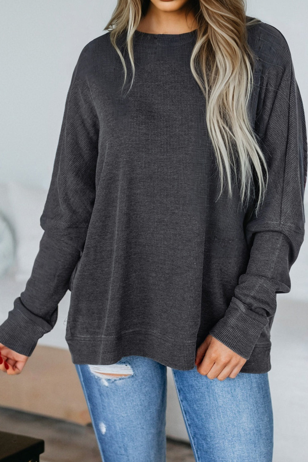 Bright Pink Waffle Knit Patchwork Long Sleeve Loose Top