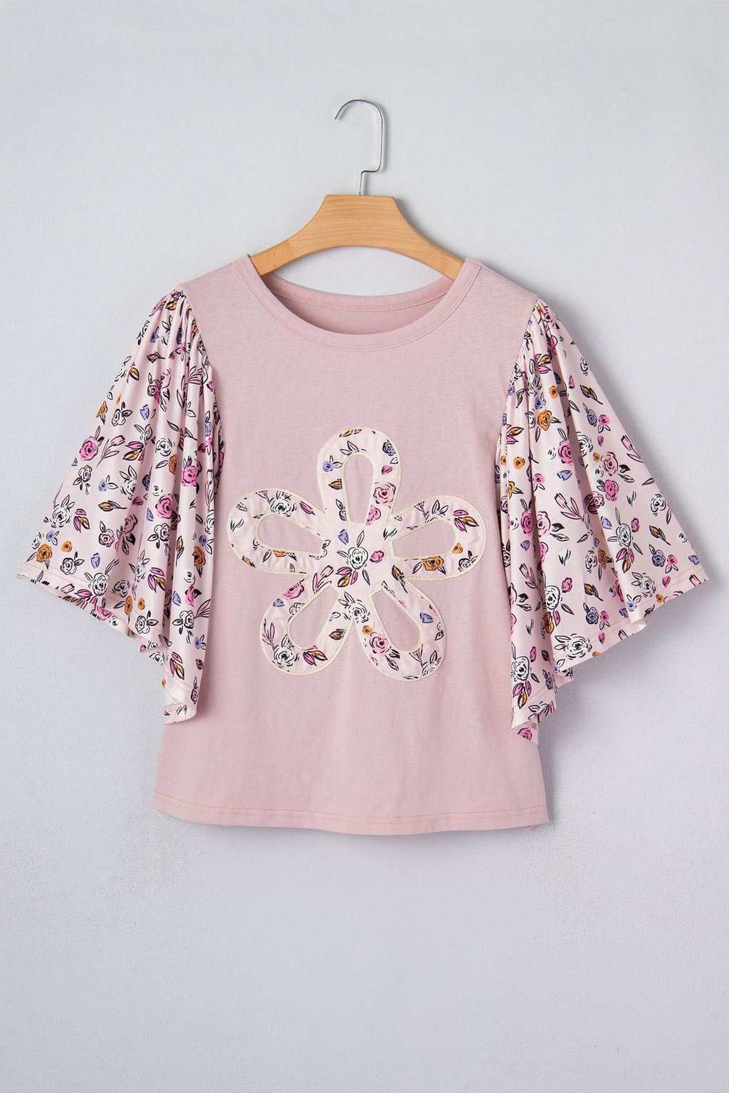 Pink Contrast Floral Half Sleeve Blouse