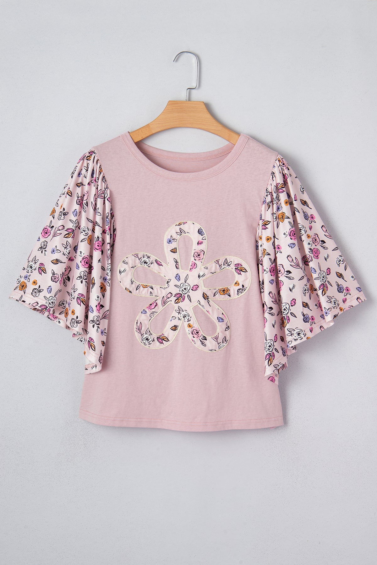 Pink Contrast Floral Half Sleeve Blouse