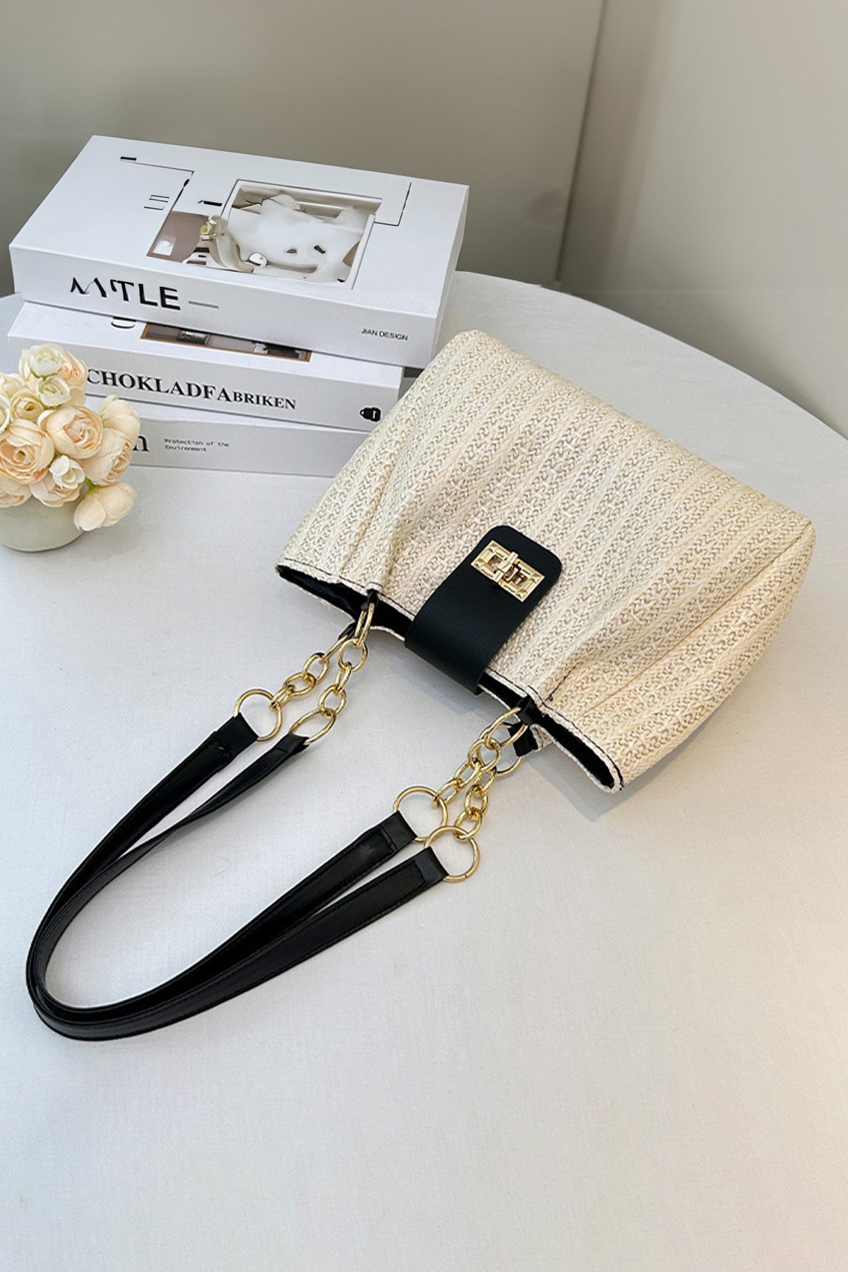 Black PU Leather Chain Handle Woven Textured Knit Tote Bag