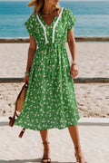 Green Abstract Print Embroidered Trim V Neck Drawstring High Waist Loose Vacation Dress