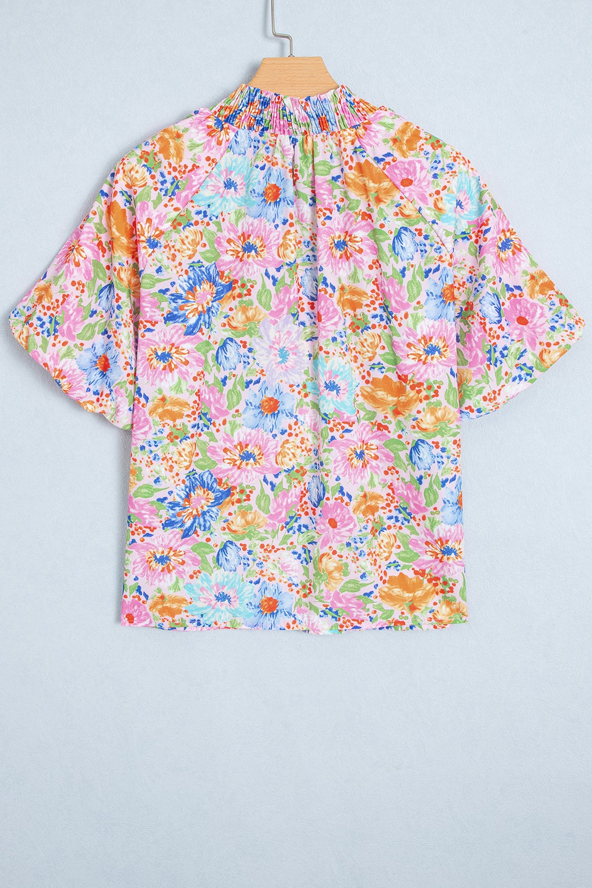 Pink Floral Print V Neck Short Sleeve Shift Blouse