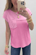 Pink Solid Patchwork Casual T Shirt