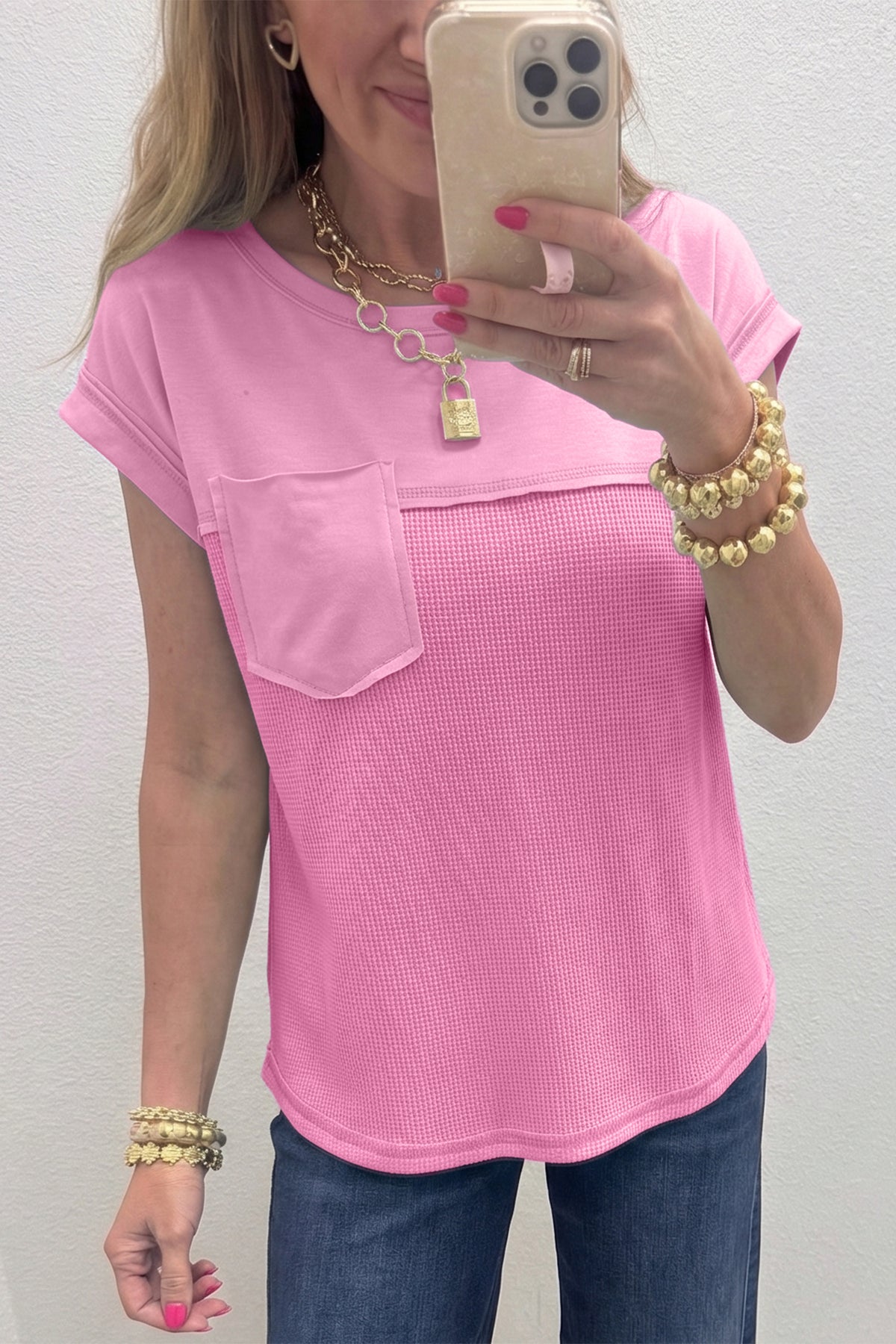 Pink Solid Patchwork Casual T Shirt