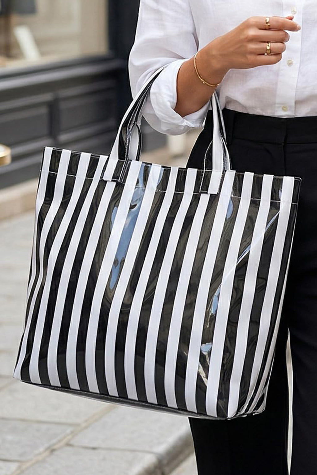 Pink Glossy Striped Vinyl Large Tote Bag (Color Varied)