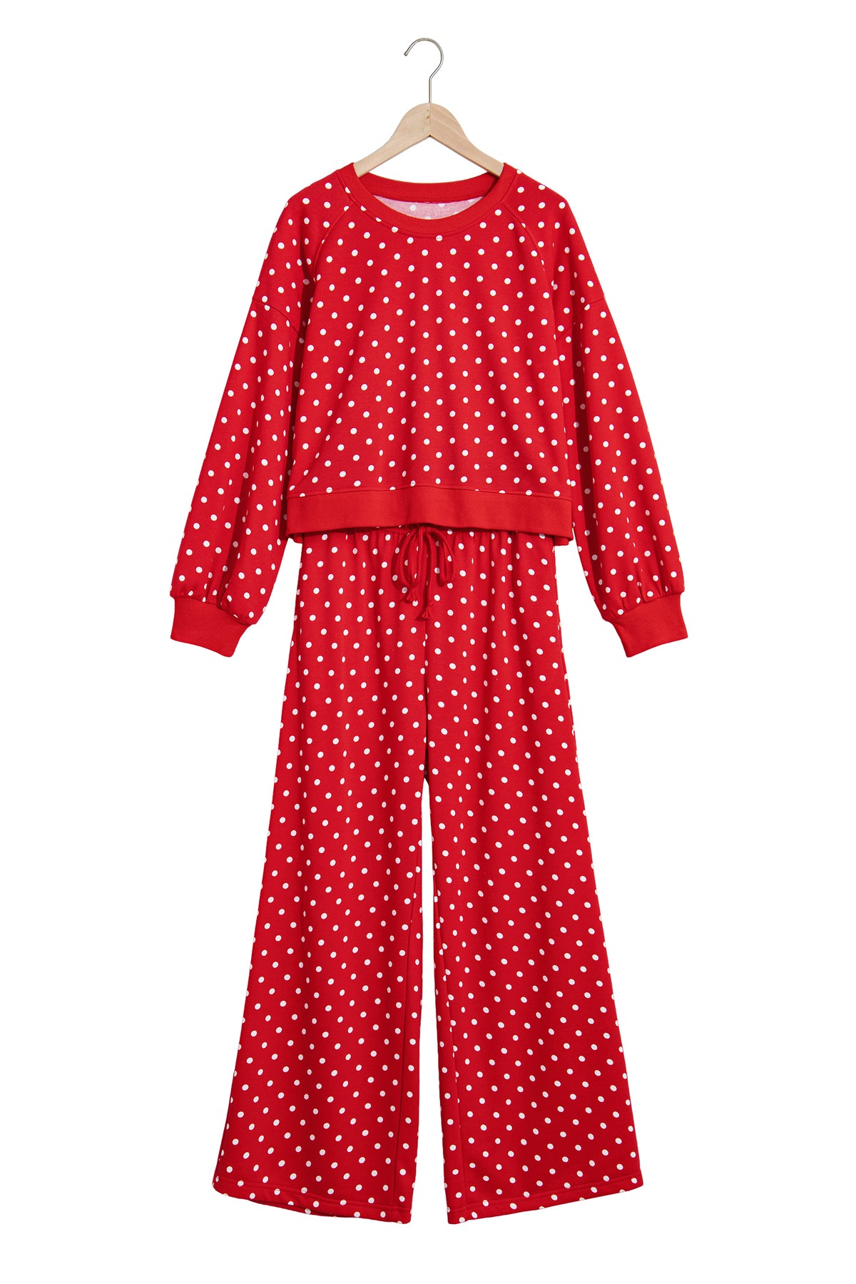 Red Polka Dot Drawstring Wide Leg Long Sleeve Top Pant Set