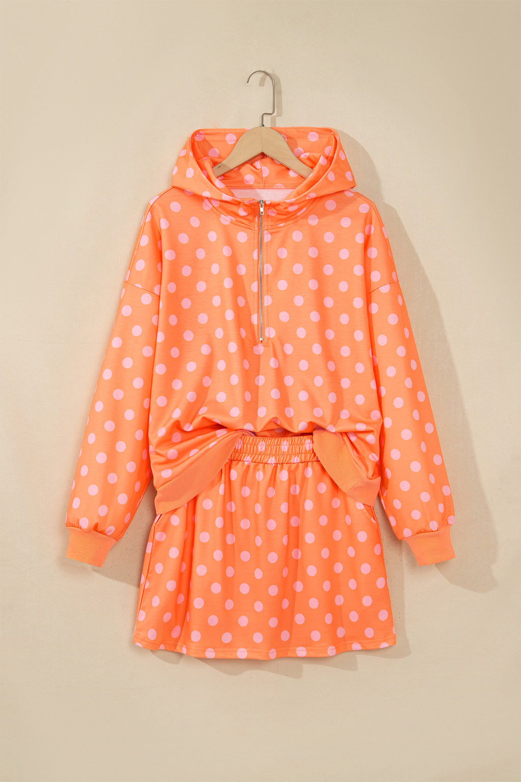 Pink Polka Dot Hooded Long Sleeve Top Casual Mini Skort Set