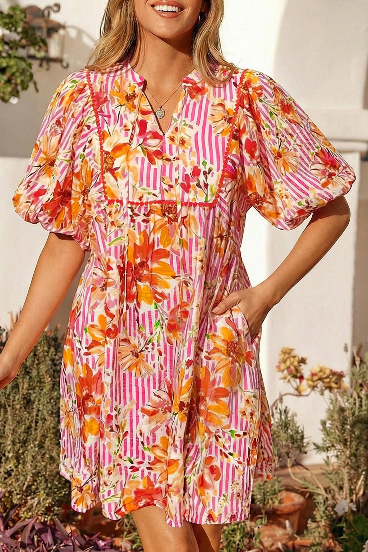 Pink Striped Floral Print Tie Neck Puff Sleeve Loose Mini Dress