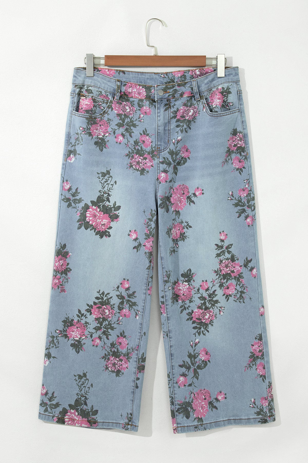 Sky Blue Plus Size Floral Print Loose Jeans